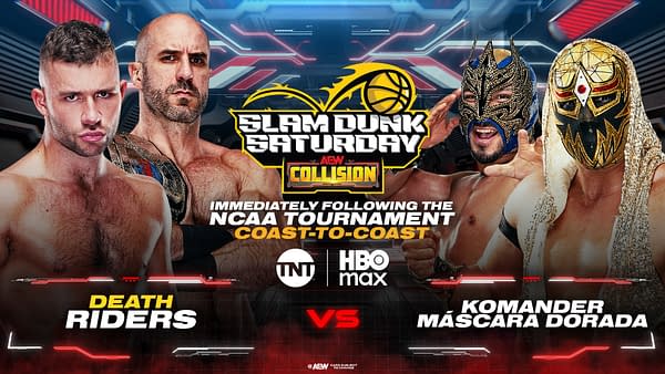 A dynamic poster for an AEW wrestling event showcasing two sets of wrestlers: the Death Riders on the left and Komander and Máscara Dorada on the right, all portrayed with intense expressions. The background includes a high-tech design with the text 'Slam Dunk Saturday' prominently displayed.
