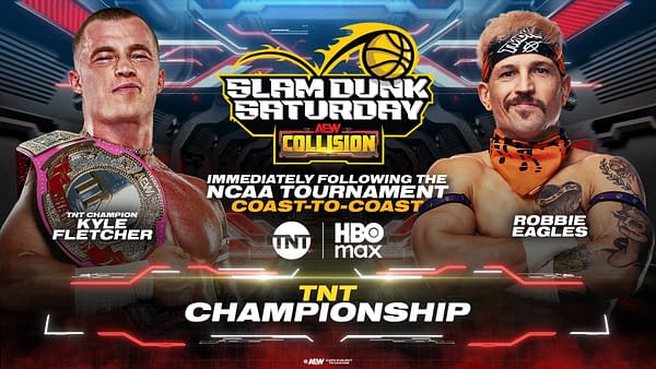 A promotional image for AEW's Slam Dunk Saturday showcases two wrestlers: Kyle Fletcher, wearing the TNT Championship belt, and Robbie Eagles, displaying an orange bandana and tattoos. The background features dynamic designs with vibrant colors, emphasizing the championship event.