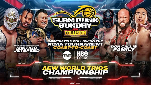 A promotional graphic for AEW Collision's 'Slam Dunk Sunday', featuring wrestlers Mistico JetSpeed and members of Don Callis Family, holding championship belts and posing energetically. The background includes a basketball theme and event details.