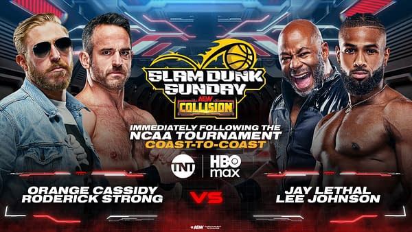 A promotional graphic for AEW Collision featuring four wrestlers: Orange Cassidy, Roderick Strong, Jay Lethal, and Lee Johnson, with a basketball theme. The design includes the text 'Slam Dunk Sunday' and details of the event broadcast.