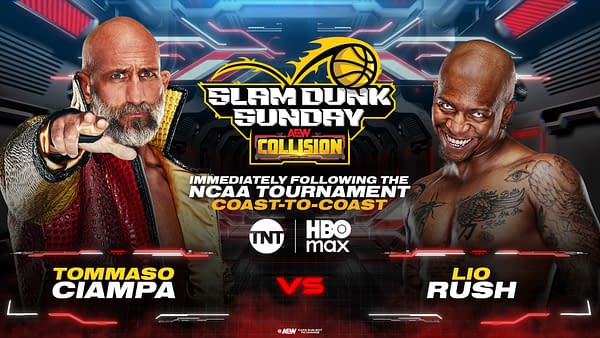 A promotional graphic for AEW Collision featuring two wrestlers, Tommaso Ciampa and Lio Rush. Ciampa is shown with a stern expression, wearing a gold and red outfit, while Rush is depicted with a mischievous grin and numerous tattoos.