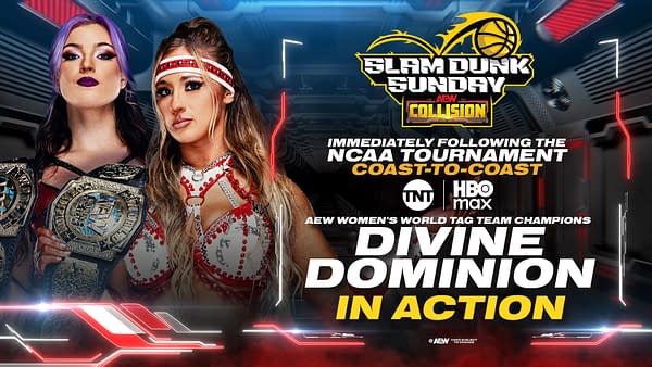 A promotional graphic for AEW Collision showcasing two women wrestlers, each holding championship belts. The background features a futuristic design with text announcing "Slam Dunk Sunday" and details about the event.