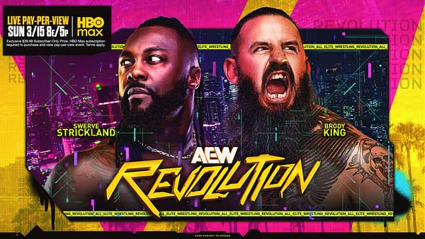 Promotional image for AEW Revolution featuring two wrestlers, Swerve Strickland and Brody King, against a colorful background with urban elements and digital graphics. The text prominently displays the event title, "AEW Revolution."