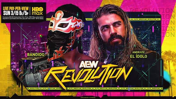 A vibrant promotional graphic for AEW Revolution featuring two wrestlers: Bandido, wearing a colorful lucha libre mask, and Andrade El Ídolo, showing his long hair and focused expression. The background features bright colors and digital motifs associated with a wrestling event.
