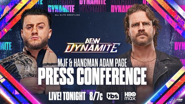 A graphic featuring two professional wrestlers, MJF and Hangman Adam Page, against a colorful background with the text 'AEW DYNAMITE' and details about a press conference. MJF holds a championship belt while both wrestlers have intense expressions.