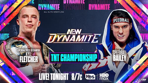 A promotional image for AEW Dynamite featuring two wrestlers: Kyle Fletcher, wearing multiple championship belts, and Speedball Bailey, dressed in a colorful hooded outfit. The background highlights the TNT Championship title and event details.
