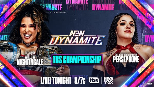 A promotional image for AEW Dynamite featuring two female wrestlers, Willow Nightingale and Persephone, displaying their championship belts. The background includes colorful graphics and the AEW Dynamite logo with the text for the match details.