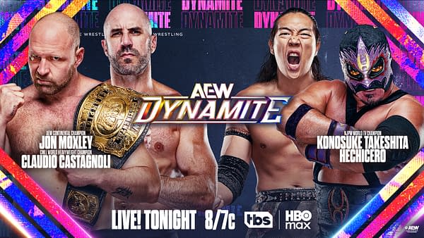 A vibrant promotional image for AEW Dynamite featuring wrestlers Jon Moxley, Claudio Castagnoli, Konosuke Takeshita, and Hechicero. The background is colorful with dynamic patterns and text announcing the event, including the start time.