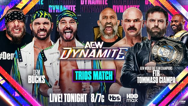 A promotional graphic for an AEW Dynamite wrestling event, featuring a group of wrestlers poised for a Trios Match. The wrestlers display fierce expressions and distinctive attire, including bandanas and championship belts, against a colorful background.