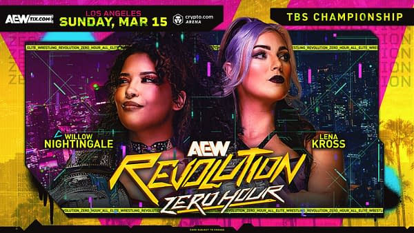 A promotional graphic for AEW Revolution featuring two wrestlers, Willow Nightingale and Lena Kross, against a vibrant digital background with cityscape elements. The graphic includes event details and the TBS Championship title.