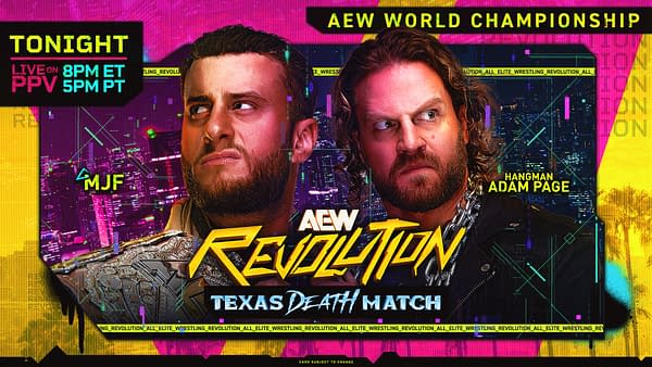A vibrant promotional graphic for AEW Revolution featuring two wrestlers, MJF and Hangman Adam Page, facing off. The background includes a digital cityscape and bright colors, with text announcing a Texas Death Match.