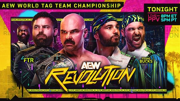 A colorful graphic promoting the AEW World Tag Team Championship match. The image features four wrestlers, two representing FTR and two from the Young Bucks, each displaying intense expressions and wearing wrestling gear, surrounded by a vibrant, digital background.