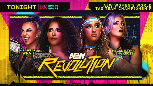 A colorful graphic promoting the AEW Women's World Tag Team Championship match. Four female wrestlers are featured, labeled as Babes of Wrath, Megan Bayne, and Lena Kross, looking determined with championship belts.
