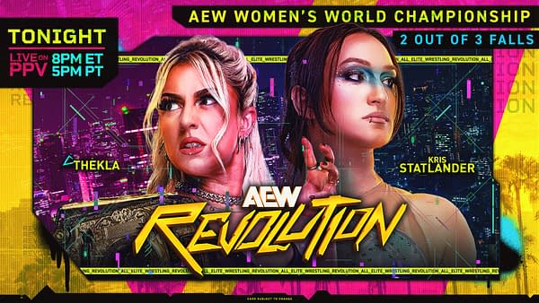 Promotional graphic for the AEW Revolution event, featuring wrestlers Thekla and Kris Statlander. Bold text highlights the event title and details about the Women's World Championship match.