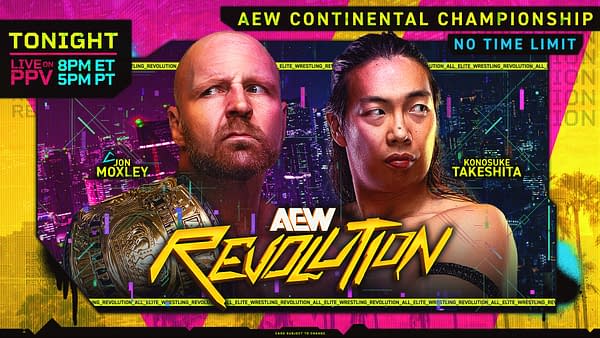 A promotional graphic for the AEW Continental Championship featuring two wrestlers, Jon Moxley, displaying a championship belt, and Konosuke Takeshita, against a vibrant city backdrop. The graphic includes event details like 'Live on PPV' and timing information.