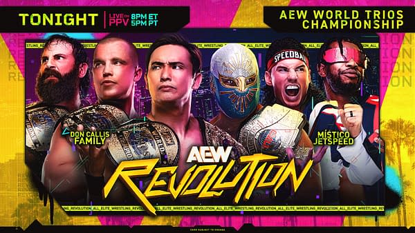 A poster for AEW Revolution featuring multiple wrestlers with championship belts, colorful graphics, and the event details prominently displayed. The wrestlers represent the Don Callis Family and include characters like Místico and Jetspeed.