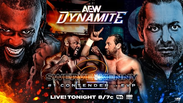 A promotional graphic for AEW Dynamite features two wrestlers, Swerve and Kenny, facing off in a dramatic showdown. The design includes bold text announcing their match for the #1 contender status and the EVP title, set against a vibrant background.