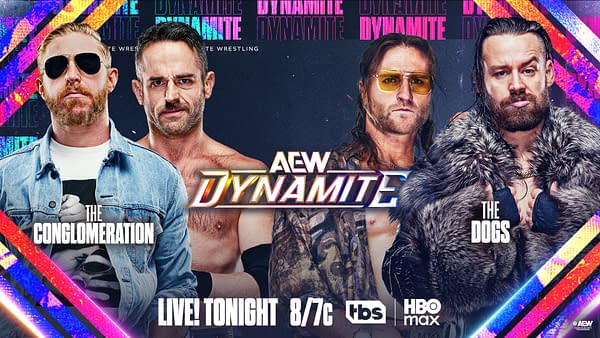 A promotional image for AEW Dynamite features four wrestlers arranged in two groups: 'The Conglomeration' and 'The Dogs'. Each wrestler has a distinct look, showcasing various outfits and facial expressions, with bold graphics in the background.