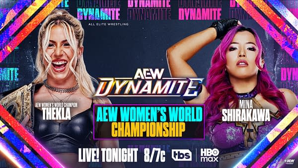 Promotional graphic for AEW featuring two female wrestlers, Thekla and Mina Shirakawa, showcasing the AEW Women's World Championship. Thekla is smiling and wearing her championship belt, while Shirakawa sports pink hair and a confident expression. Bright colors and logos highlight the event details.