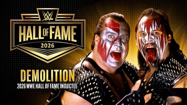 A promotional graphic featuring two wrestlers known as Demolition, wearing dramatic face paint and spiked costumes, celebrating their induction into the 2026 WWE Hall of Fame.