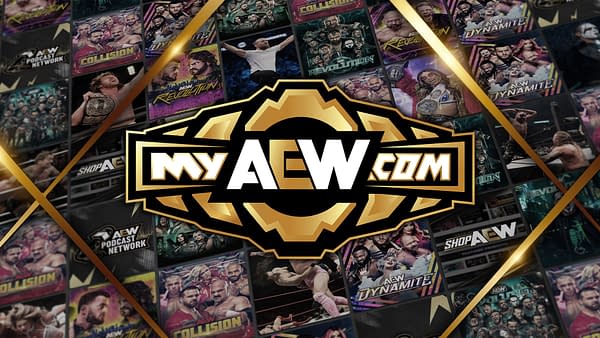 A graphic featuring the MyAEW streaming service logo, which is prominently displayed in black and gold, surrounded by various AEW event images and promotional content. The background includes several highlighted shows like AEW Revolution and AEW Collision.