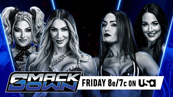 Two teams of female wrestlers from WWE are featured: Alexa Bliss and Charlotte Flair are shown on one side, while The Bella Twins are on the other. The background includes blue lighting effects and the WWE SmackDown logo prominently displayed.