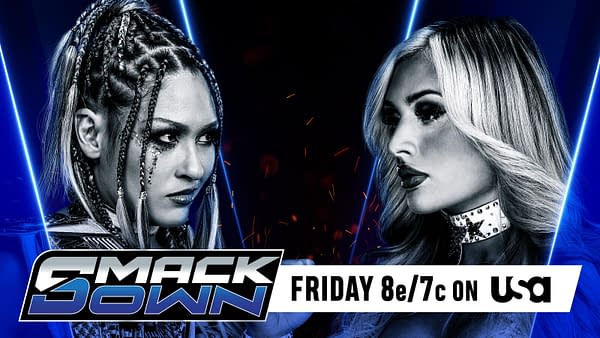 A promotional graphic for WWE SmackDown featuring Giulia and Tiffany Stratton facing off, highlighted with blue neon elements. Both wrestlers display intense expressions, showcasing their competitive spirit.