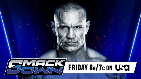 A promotional graphic for WWE SmackDown featuring a close-up of a muscular wrestler with a serious expression against a dark blue background. The graphic includes the SmackDown logo and broadcast details.