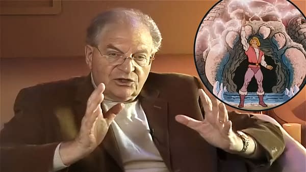 He-Man and the Masters of the Univere co-creator Michael Halperin discusses writing. Inset: He-Man and the Masters of the Universe introduction (1983, Filmation Associates).