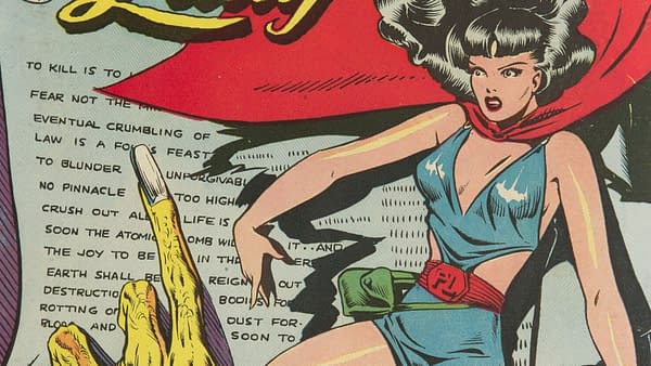 An illustration depicting Phantom Lady, a superheroine with long black hair wearing a blue costume and red cape. She appears alarmed, pointing towards a shadowy hand reaching out from the side of the image, with text elements in the background.