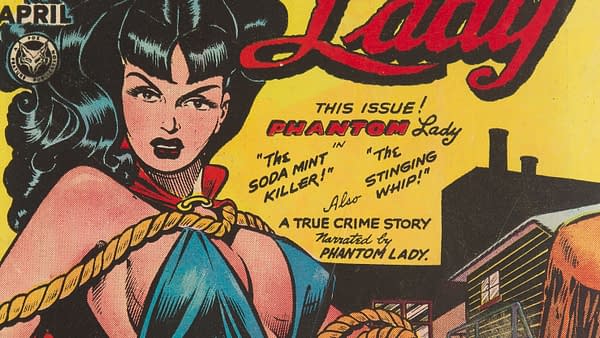 A vintage comic book cover featuring the character Phantom Lady. She has long dark hair and is wearing a blue outfit, with a red cape and a rope around her waist, against a bright yellow background. The text highlights stories like 'The Soda Mint Killer' and 'The Stinging Whip.'