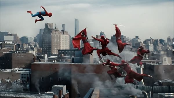 Spider-Man leaps through the air over city rooftops, with multiple figures in red cloaks appearing to assist him. The city skyline is visible in the background.