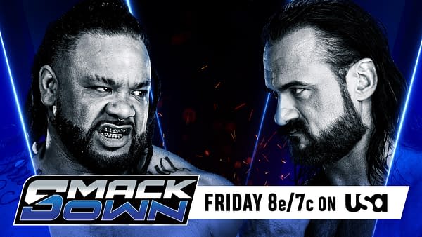 The promotional graphic for WWE SmackDown features two wrestlers, one with long braided hair and facial tattoos, and the other with a thick beard, both glaring intensely at each other against a dark background with blue accents. The graphic includes the SmackDown logo and details about the Friday broadcast.