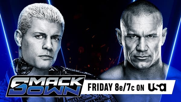 Graphic featuring wrestlers Cody and Randy Orton, each with intense expressions, set against a vibrant backdrop. A logo for WWE SmackDown is prominently displayed with broadcast details.