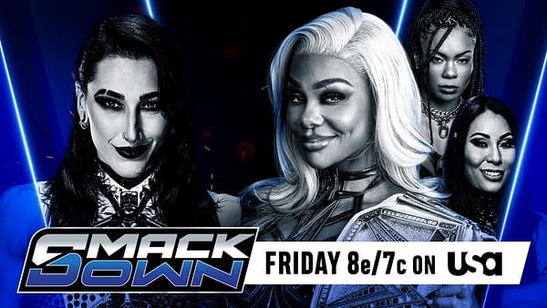 Promotional graphic for WWE SmackDown featuring wrestlers Rhea Ripley and Jade Cargill, with a blue background and the show's logo. The event airs Friday at 8 PM Eastern on USA.