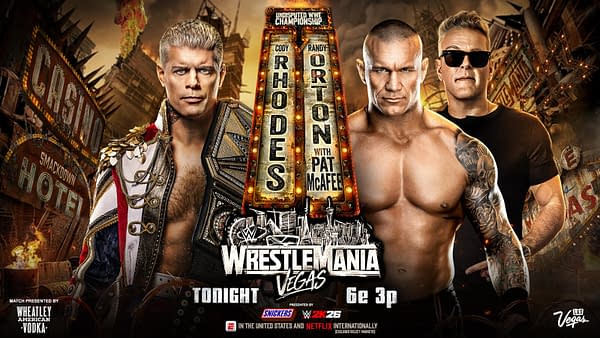 Cody Rhodes and Randy Orton stand prominently in a dramatic backdrop featuring Vegas-themed signs. They are highlighted alongside Pat McAfee, with a championship belt displayed, promoting WrestleMania.
