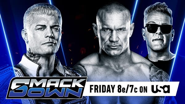 A graphic featuring three wrestlers: Cody Rhodes and Randy Orton in the center, flanking a figure wearing sunglasses. The background features dramatic lighting with a blue and black theme, and text indicates the event, WWE SmackDown, airing Friday at 8 PM ET.