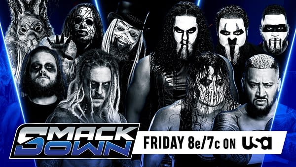 A promotional graphic for WWE SmackDown features several wrestlers in dramatic attire, with some wearing face paint and spooky costumes. The logo for SmackDown is prominently displayed along with the broadcast time and channel.