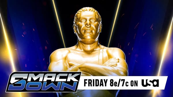 A golden statue of a wrestling figure with arms crossed, featuring a smooth, shiny finish, against a blue background with bright light effects. The statue symbolizes the Andre the Giant Battle Royal event.