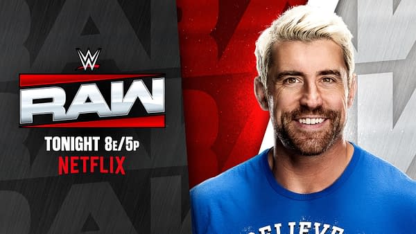 Joe Hendry smiles beside a WWE Raw promo graphic with the Raw logo and tonight's Netflix broadcast time. He wears a blue shirt and has bleached blond hair.
