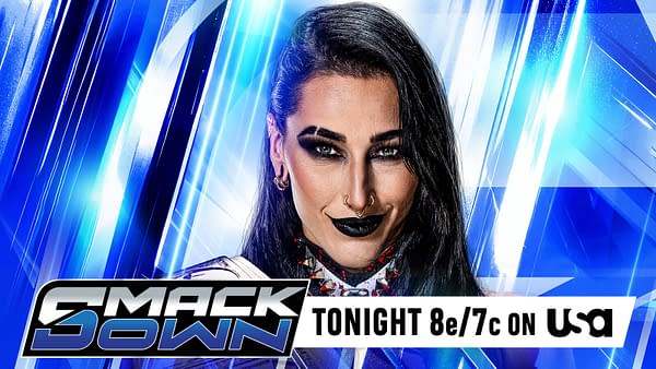 Rhea Ripley is shown in a dramatic WWE SmackDown promo graphic with blue light streaks and a bold broadcast banner.