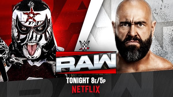 WWE Raw promotional graphic featuring Penta on the left and Rusev on the right, with the Raw logo and a Tonight on Netflix banner.