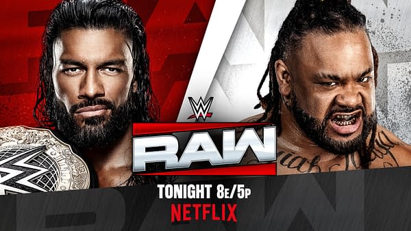 WWE Raw promotional graphic featuring Roman Reigns on the left with a championship belt and Jacob Fatu on the right, both staring intensely at the camera. The RAW logo and Netflix promotion appear across the center and bottom.