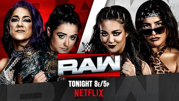 Promotional WWE Raw graphic for a women's tag match, featuring four wrestlers posed around the Raw logo with