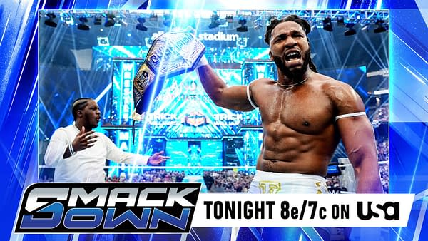 Trick Williams holds up the NXT Championship inside the arena during a WWE SmackDown promo for tonight's match, with Lil Yachty in the background. SmackDown branding and the