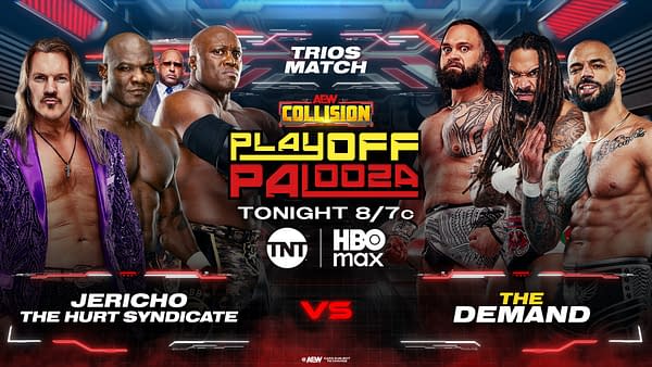 AEW Collision promotional artwork for Playoff Palooza shows Jericho and The Hurt Syndicate facing The Demand in a trios match.
