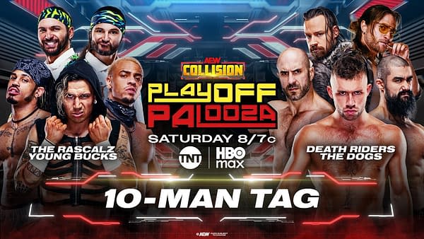 AEW Collision Playoff Palooza promotional artwork featuring ten wrestlers facing off around a central matchup graphic for a 10-man tag team bout. The poster highlights The Rascalz, the Young Bucks, Death Riders, and The Dogs.