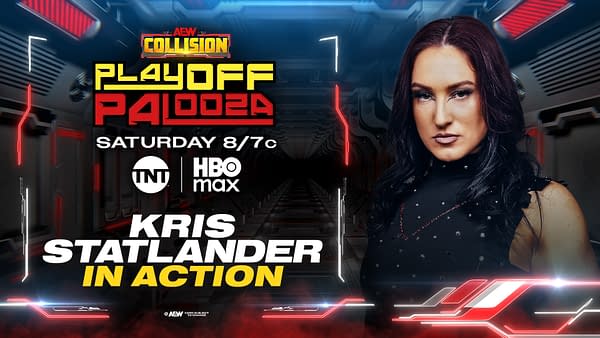 Promotional AEW Collision Playoff Palooza graphic featuring Kris Statlander on a dark futuristic background.