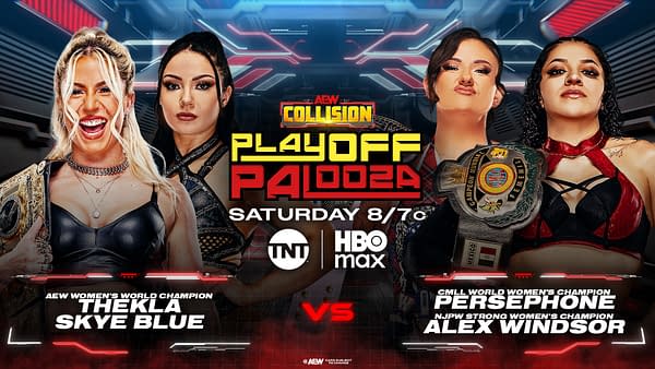 AEW Collision Playoff Palooza promotional graphic featuring four women wrestlers facing off around the event title and match details. The poster highlights Thekla, Skye Blue, Persephone, and Alex Windsor with TNT, HBO Max, and Saturday 8/7c branding.