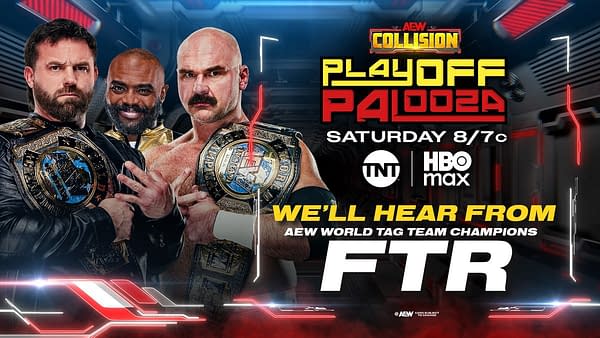 AEW Collision promotional artwork for Playoff Palooza, featuring the AEW World Tag Team Champions FTR with a third wrestler behind them and event branding on the right.